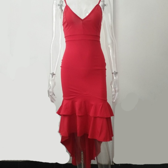 Red High low ruffle bodycon dress - Picture 2 of 3